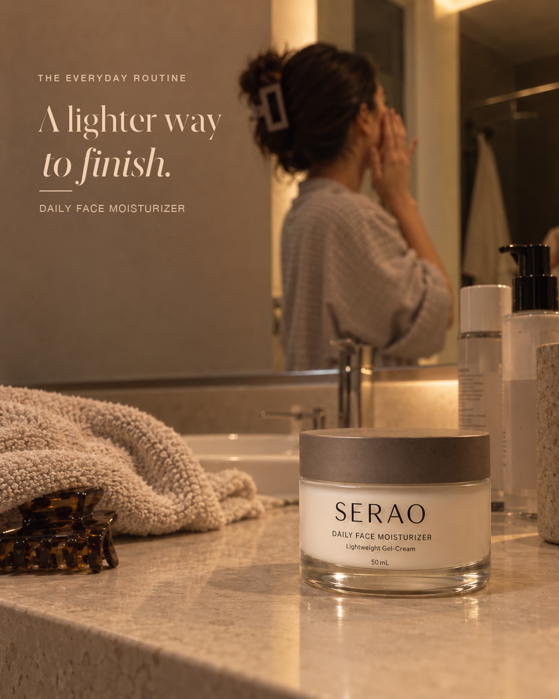 SERAO static advertisement showing a woman applying skincare with the headline A lighter way to finish