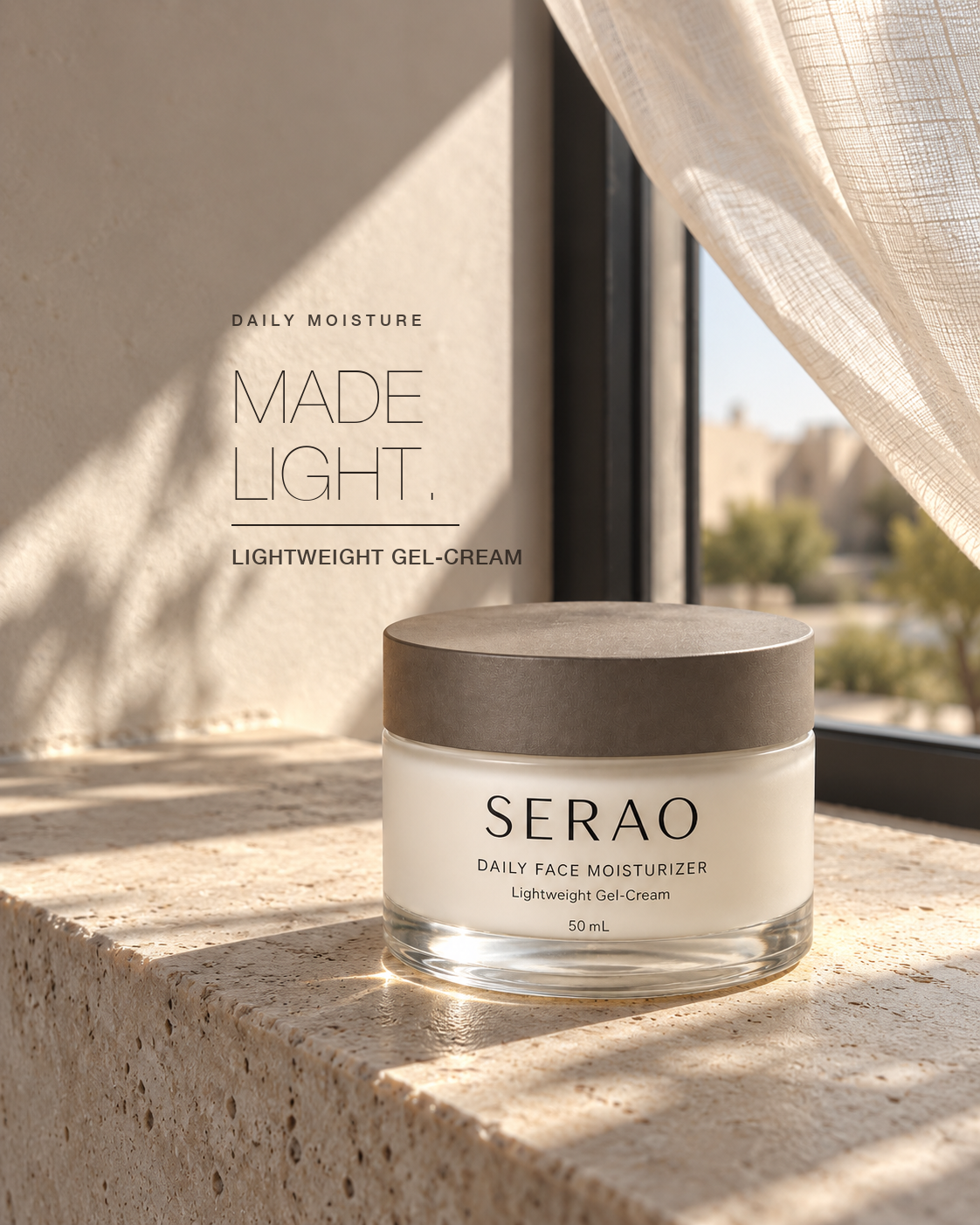 SERAO daily moisturizer campaign visual in natural sunlight