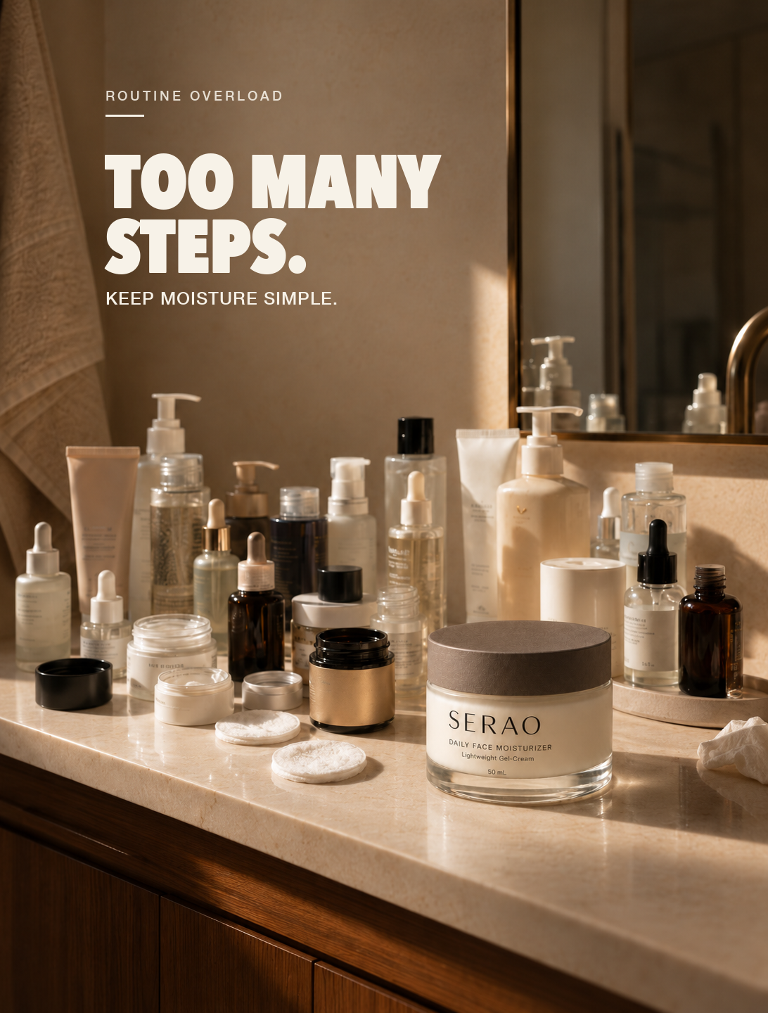 SERAO static advertisement showing a crowded skincare vanity with the headline Too many steps